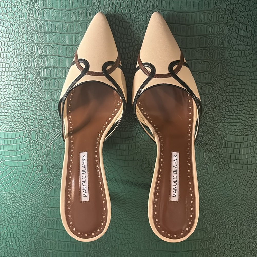 Manolo Blahnik Ragheb cream, brown, and black nappa mules w/ 70mm stiletto heel